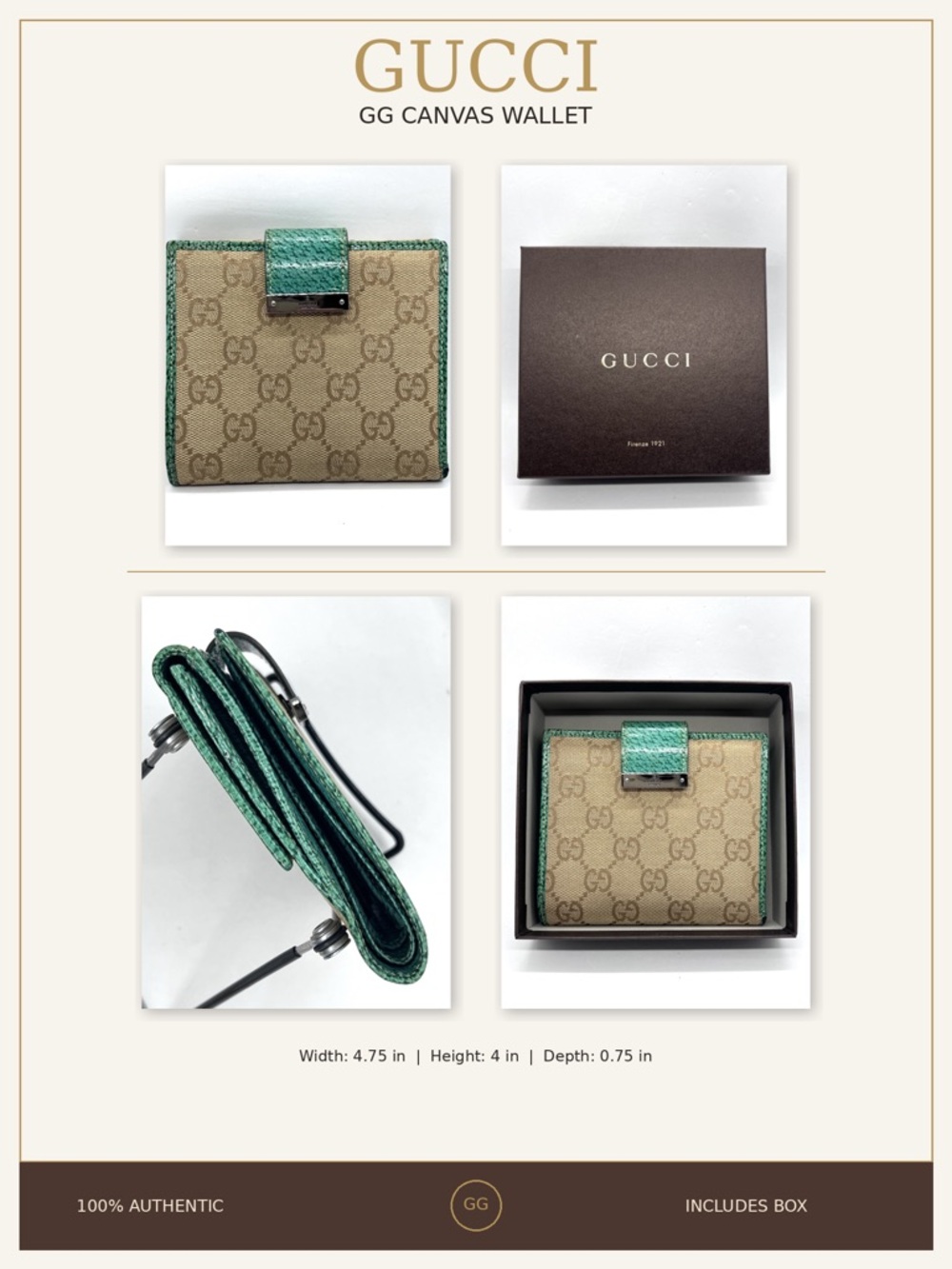 Gucci GG Canvas Wallet Green Leather Trim Compact Italy COA - Picture 2 of 16